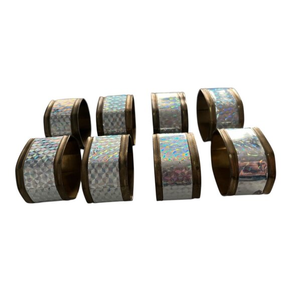 Shelby Napkin Rings Vintage 1970s Brass Napkin Rings Iridescent Holographic Geometric Set of 8